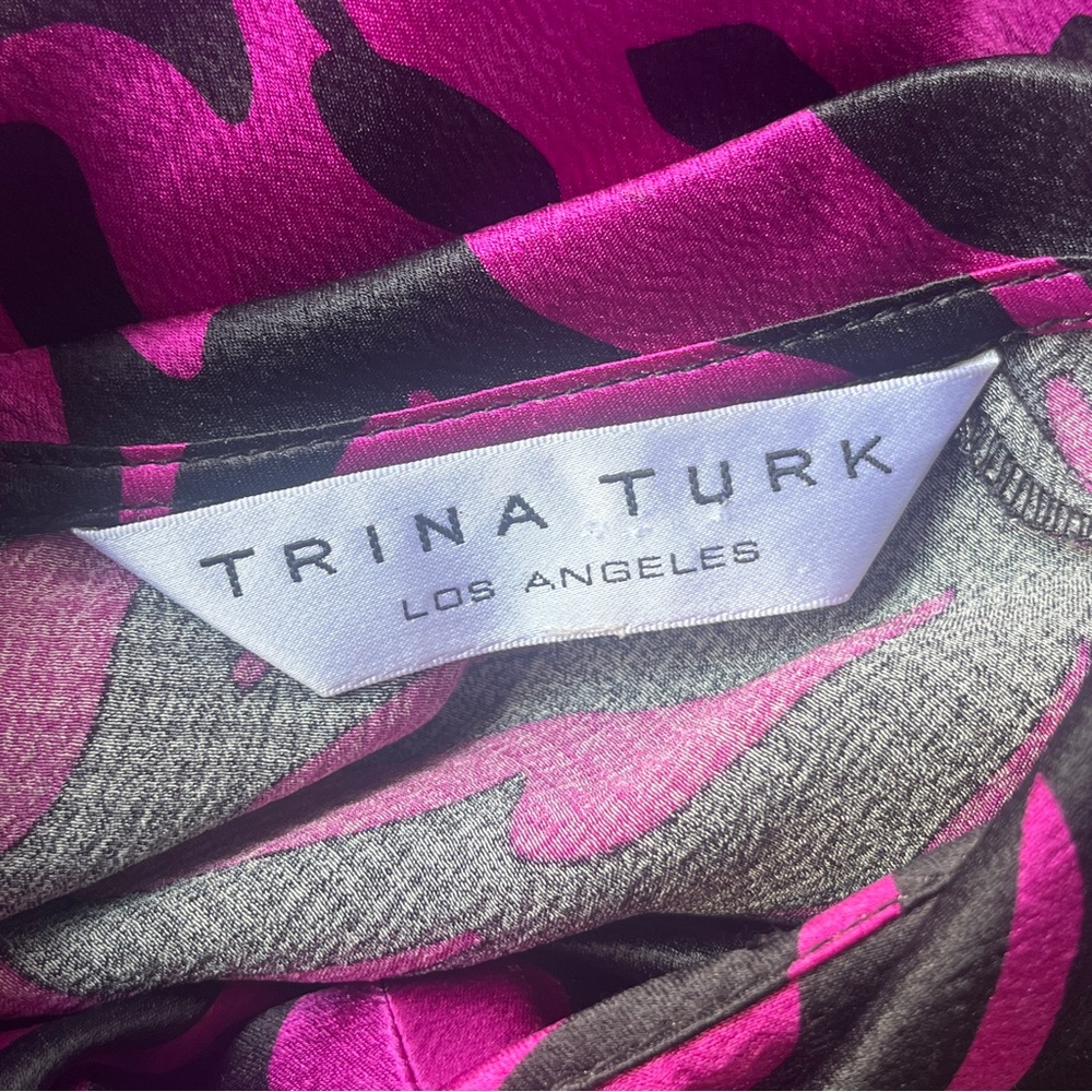 TRINA TURK 100% Silk Black & Magenta Belted Midi Dress Sz S - Picture 3 of 6